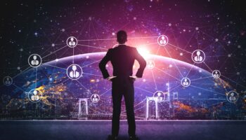 People network and global communication concept. Business people with modern graphic interface of community linking many people around world by social media platform to connect international business.